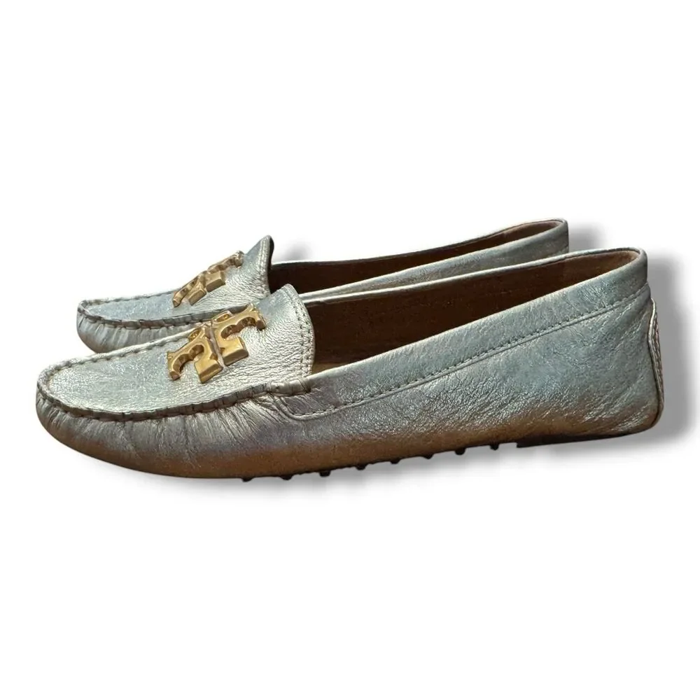 Tory Burch Everly Silver Metallic Leather Shoe Logo Luxury Slip On Women’s Sz 9